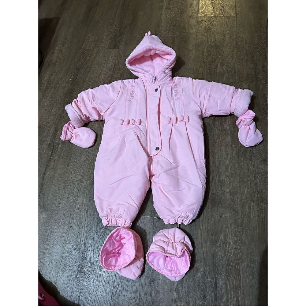Vtg Healthtex Baby Girls 12 Months Pink Fleece lined Snowsuit Hood Shoe Covers